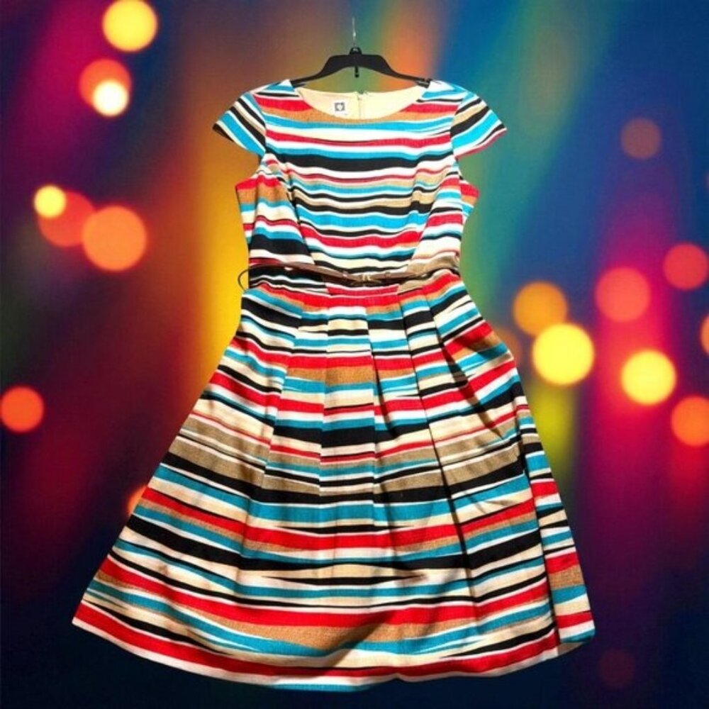 Anne Klein Multicolor Striped Fit & Flare Dress Size 14 Large - Picture 1 of 11